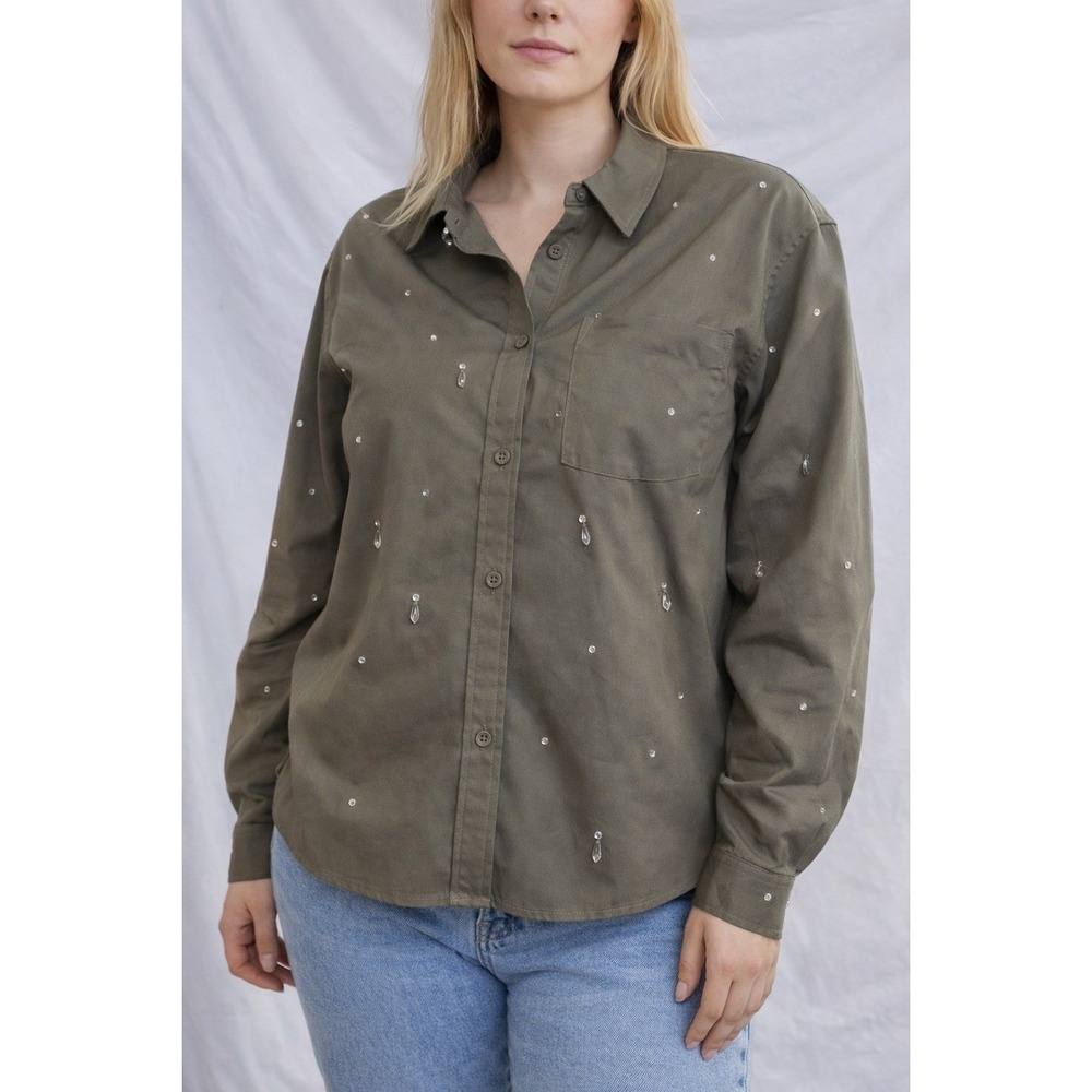 new Size 2X Future Collective Women's Embellished Twill Shacket in Olive color